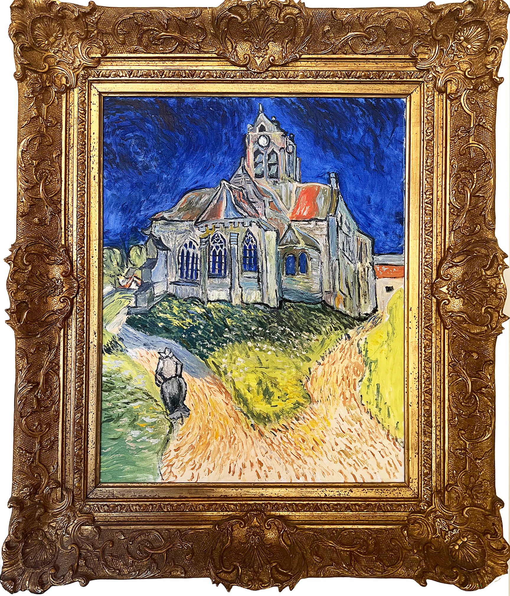 Se 1981 Church at Auvers after van Gogh 28x24 OoC Framed
